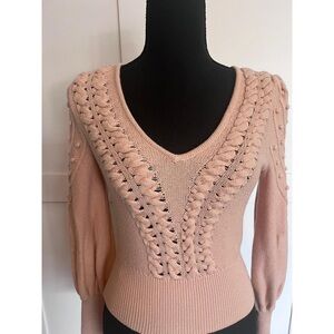 Soft Pink Cable & Pom Pom V-Neck Bishop Sleeves Knit Sweater